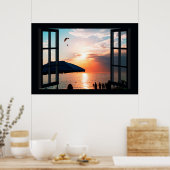 Imitate Fenster mit Strand Sunset Ocean Poster (Küche)