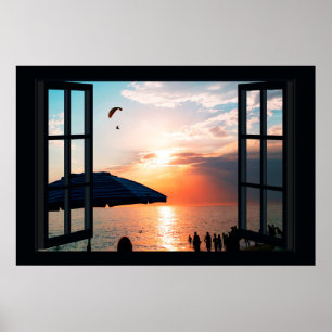Imitate Fenster mit Strand Sunset Ocean Poster