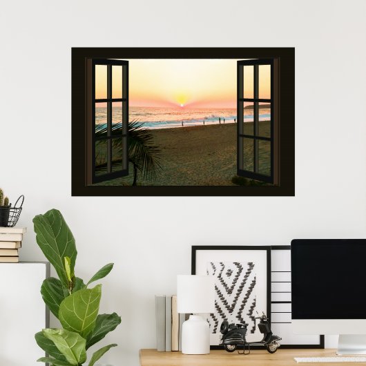 Imitate Fenster mit Strand Sunset Ocean Poster (Heimbüro)