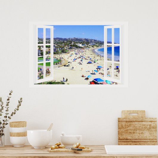 Imitate Fenster mit Strand und Ozean Custom Größe! Poster (Küche)