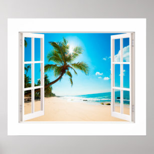 Imitate Fenster mit Strand und Ozean Custom Größe! Poster