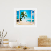 Imitate Fenster mit Strand und Ozean Custom Größe! Poster (Küche)