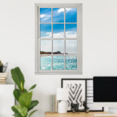 Imitate Fenster Weißes Holz Rahmen Karibik Ansicht Poster (Heimbüro)