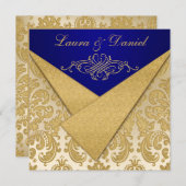 IMITATE FLAPS Blau, Gold Damask Empfang einladen Einladung (Vorne/Hinten)