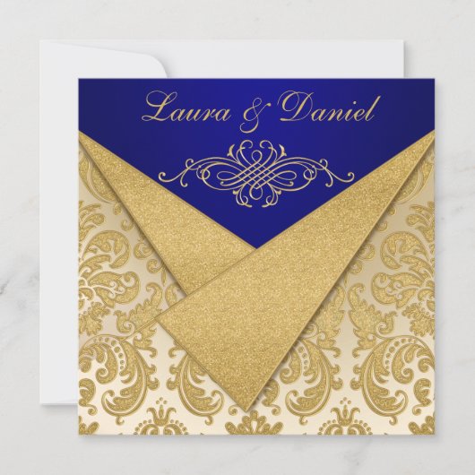 IMITATE FLAPS Blau, Gold Damask Empfang einladen Einladung (Vorderseite)