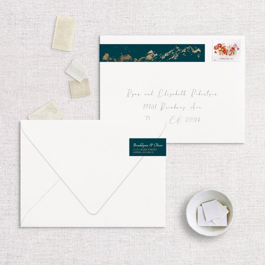 Imitate Foil Gold Abstrakt Mountains auf dunkelgrü Rundum-Adressaufkleber