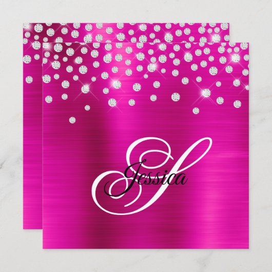Imitate Funkelnd Kristall Hot Pink Foil Monogramm Einladung (Vorne/Hinten)