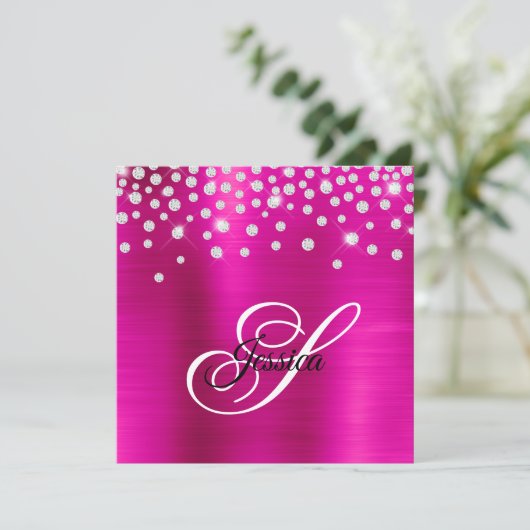 Imitate Funkelnd Kristall Hot Pink Foil Monogramm Einladung (Stehend Vorderseite)