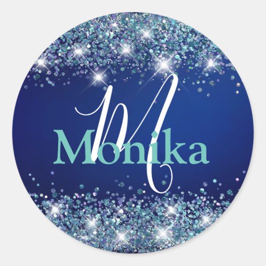 Imitate Funkelnd Mermaid Glitzer Blue Ocean Monogr Runder Aufkleber (Vorderseite)