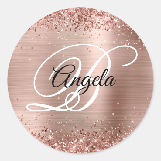 Imitate Funkelnd Rose Gold Glitzer Mit Monogramm Runder Aufkleber (Vorderseite)