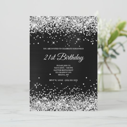 Imitate Funkelnd Silberstreifen Glitzer Dunkelgrau Einladung (Stehend Vorderseite)