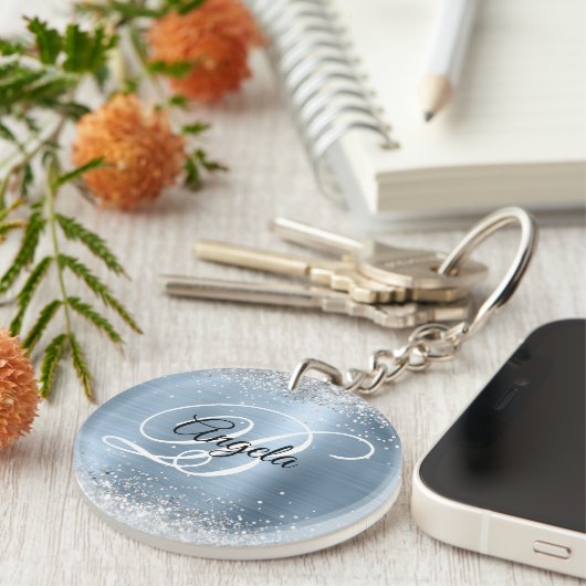 Imitate Funkelnd Silver Glitzer Blue Foil Monogram Schlüsselanhänger (Vorderseite rechts)