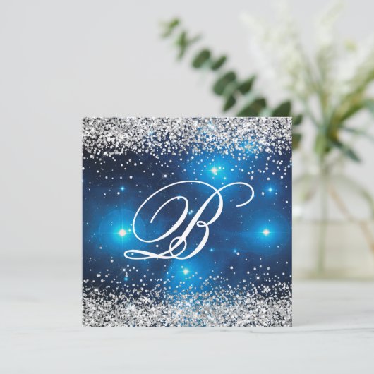 Imitate Funkelnd Silver Glitzer Celestial Blue Einladung (Stehend Vorderseite)