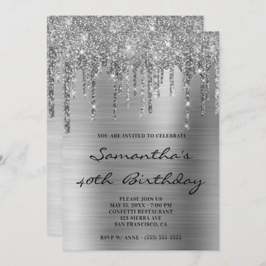 Imitate Funkelnd Silver Glitzer Tropfen Foil Gebur Einladung (Vorne/Hinten)