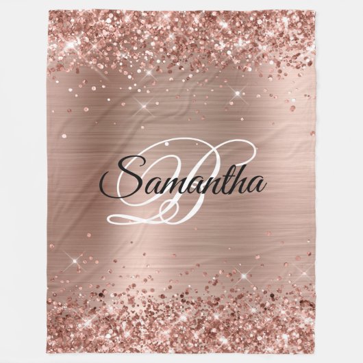 Imitate Glittery Rose Gold Foil Extravagant Monogr Fleecedecke (Vorderseite)