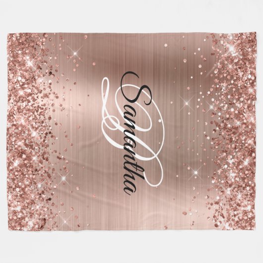Imitate Glittery Rose Gold Foil Extravagant Monogr Fleecedecke (Vorderseite (Horizontal))