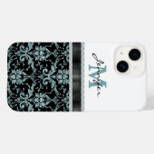 Imitate Glitzer Aqua Damask Monogram Case-Mate iPhone Hülle (Rückseite (Horizontal))