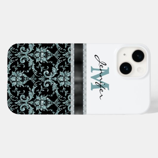 Imitate Glitzer Aqua Damask Monogram Case-Mate iPhone Hülle (Rückseite (Horizontal))