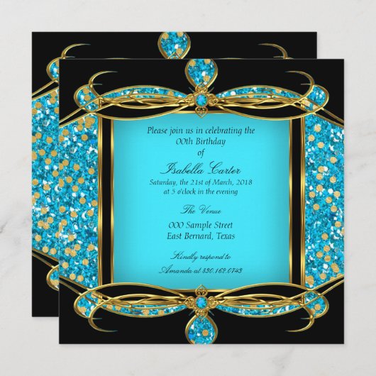 Imitate Glitzer Aquamarin Blue Gold Black Birday P Einladung (Vorne/Hinten)