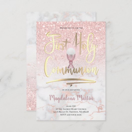 Imitate Glitzer auf Marmor Erste Heilige Kommunion Einladung (Vorne/Hinten)