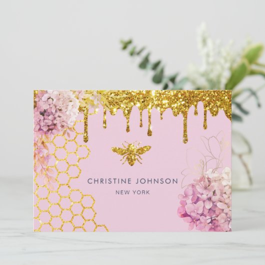 Imitate Glitzer Biene und Blume Visitenkarte Einladung (Stehend Vorderseite)