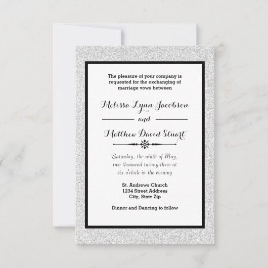 Imitate Glitzer & Black Gerahmt-3x5 Hochzeit Einla Einladung (Vorderseite)