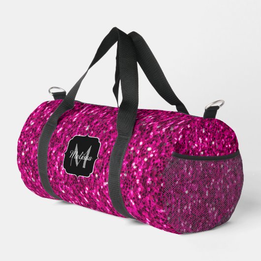 Imitate Glitzer Custom Monogram, Hot rosa Glitzern Duffle Bag (Rechte Ecke)