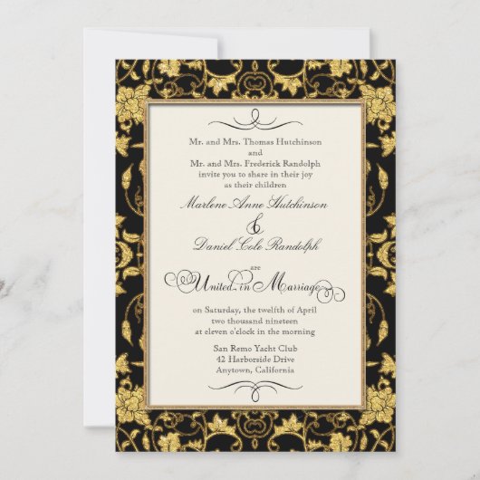 Imitate Glitzer Gold Floral Damask Feierliche Hoch Einladung (Vorderseite)