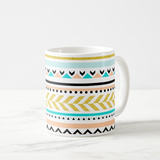 Imitate Glitzer Gold, Türkis, Coral Aztec Muster Kaffeetasse (VorderseiteRechts)