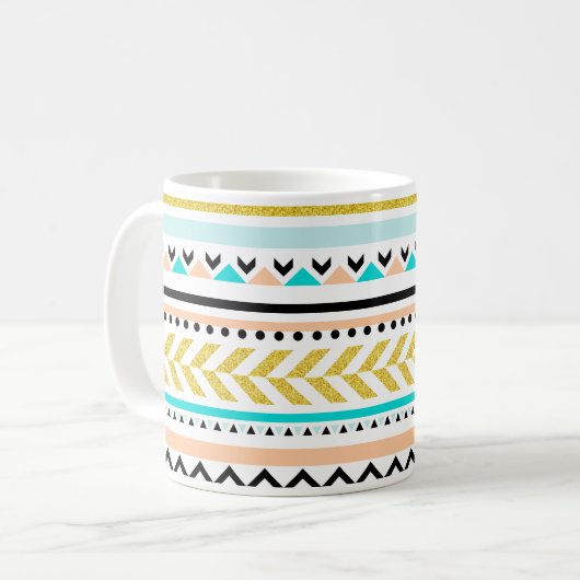 Imitate Glitzer Gold, Türkis, Coral Aztec Muster Kaffeetasse (Vorderseite Links)