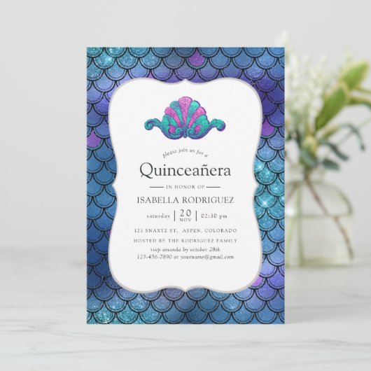 Imitate Glitzer Mermaid Scale Pattern Quinceanera Einladung (Stehend Vorderseite)