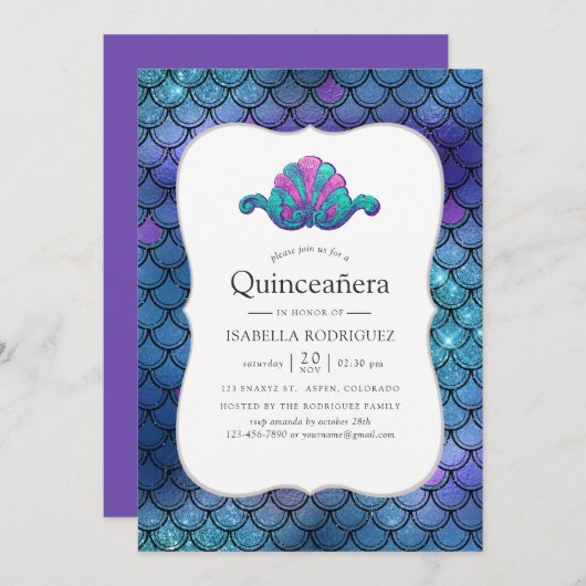 Imitate Glitzer Mermaid Scale Pattern Quinceanera Einladung (Vorne/Hinten)