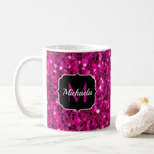 Imitate Glitzer Monogramm, Hot-pink-Glitzern Kaffeetasse (Mit Donut)