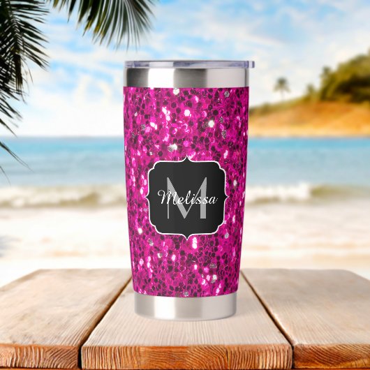 Imitate Glitzer Monogramm, Hot-pink-Glitzern Thermobecher (Strand)