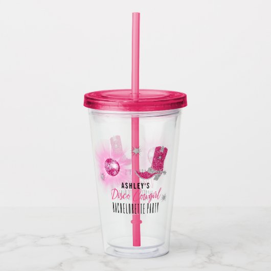 Imitate Glitzer Pink Disco Cowgirl Junggeselinnen- Acryltrinkbecher (Vorderseite)