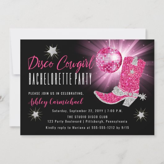 Imitate Glitzer Pink Disco Cowgirl Junggeselinnen- Einladung (Vorderseite)
