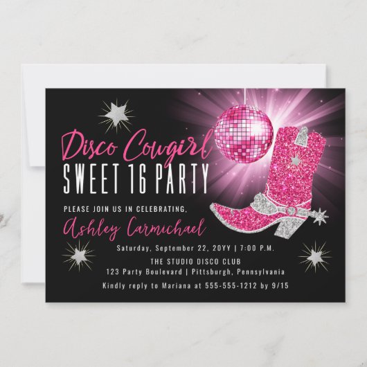 Imitate Glitzer Pink Disco Cowgirl Sweet 16 Party Einladung (Vorderseite)