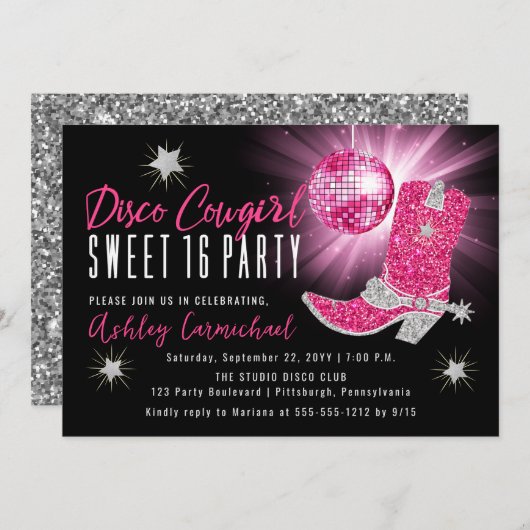 Imitate Glitzer Pink Disco Cowgirl Sweet 16 Party Einladung (Vorne/Hinten)