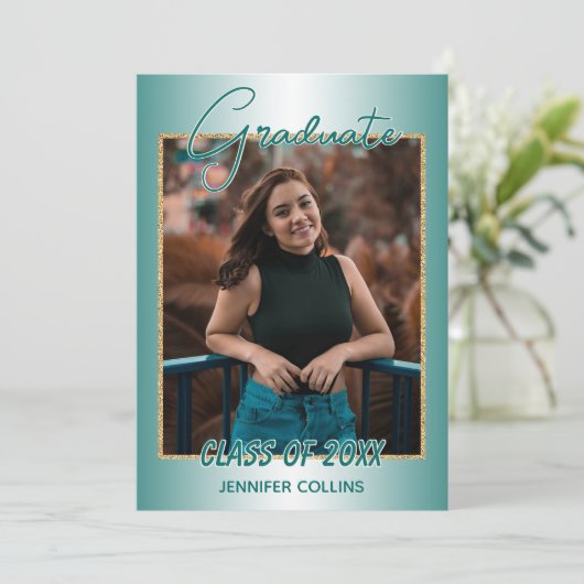 Imitate Glossy Aquamarin Green Gold Glitzer Abschl Ankündigung (Stehend Vorderseite)