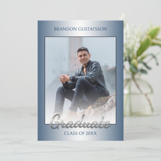 Imitate Glossy Blue Silver Grau Abschluss Ankündigung (Stehend Vorderseite)