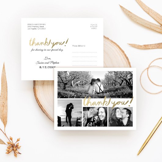 Imitate Gold 4 Foto Collage Danke Postcard Postkarte