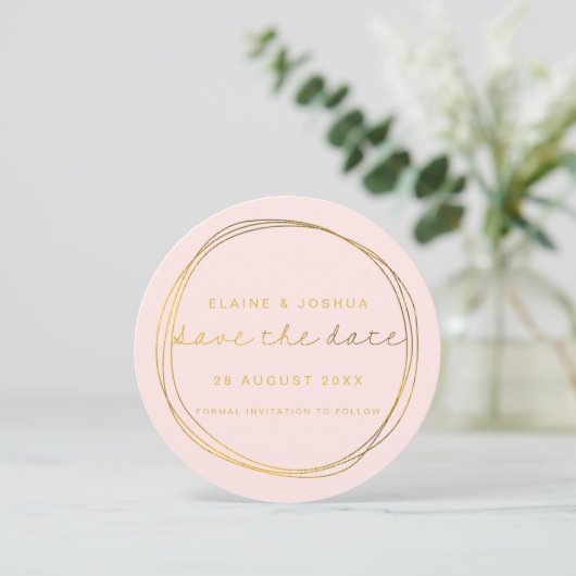 Imitate Gold Abstrakt Scribble Circle Blush & Gold Save The Date (Stehend Vorderseite)