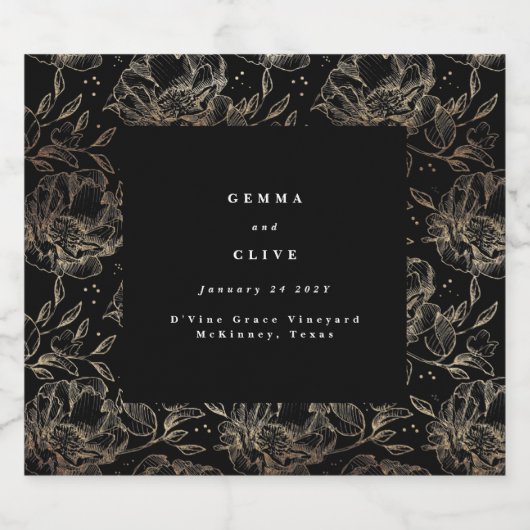 Imitate Gold Black Elegante Blumenzettel Alkoholflaschenetikett (Einzelnes Label)