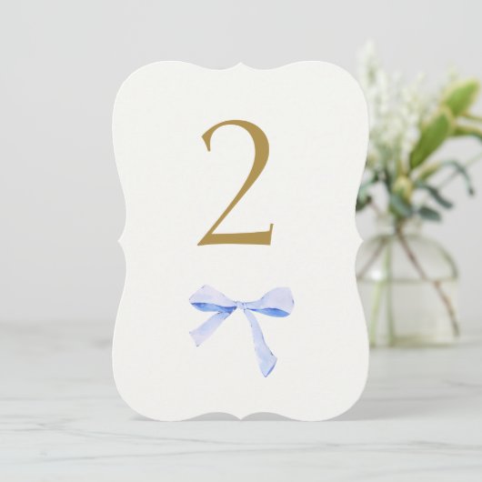 Imitate Gold | Blue Ribbon Wedding Tischnummer (Stehend Vorderseite)