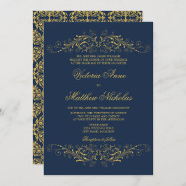 Imitate Gold Blühte Damask Navy Blue Einladung