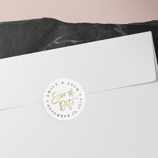 Imitate Gold Brush Letters Save the Date Runder Aufkleber