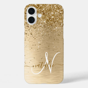 Imitate Gold Brushed Metal Glitzer Monogram Name iPhone 16 Plus Hülle