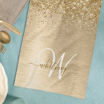 Imitate Gold Brushmetall Glitzer Print Monogram Geschirrtuch<br><div class="desc">Dieses trendige,  schicke Küchenhandtücher-Design mit hübschem vergoldetem Glitzer auf goldgebürstetem metallischem Hintergrund ist einfach zu personalisieren.</div>