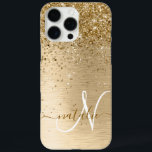 Imitate Gold Brushmetall Glitzer Print Monogram Na iPhone 16 Pro Max Hülle<br><div class="desc">Dieses schicke Gehäuse mit hübschem goldglänzenden Glitzer auf goldgebürstetem metallischem Hintergrund ist einfach zu personalisieren.</div>