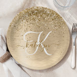 Imitate Gold Brushmetall Glitzer Print Monogram Pappteller<br><div class="desc">Dieses schicke Design mit hübschem goldglänzenden Glitzer auf goldgebürstetem metallischem Hintergrund ist einfach zu personalisieren.</div>